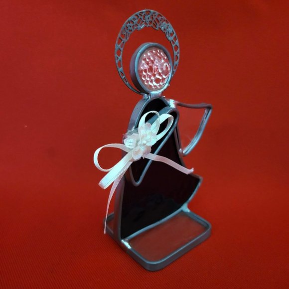 Vintage Stained Glass Free Standing Angel Holding a Flower Blue Suncatcher Pewte - Picture 2 of 12